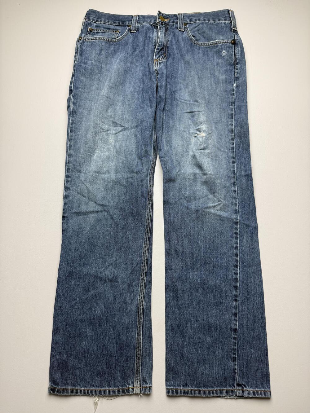 Carhartt Jeans Mens 33x30 Blue Med Wash Denim Relaxed Straight Work Distressed